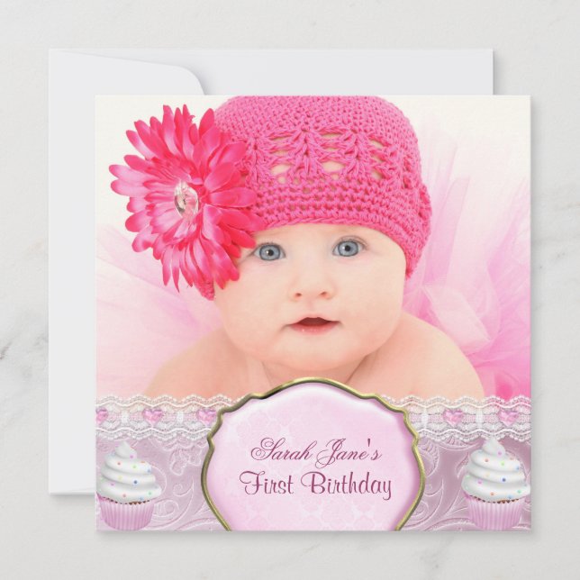 Invitación Primer Cumpleaños 1ra Niña Hermosos Cupcakes Rosad (Anverso)