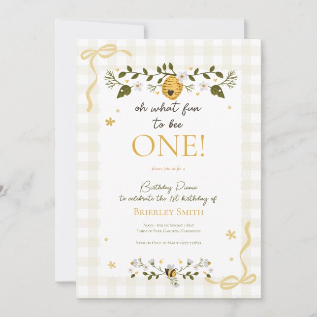Invitación Primer cumpleaños abeja de miel cuadros lazos (Anverso)