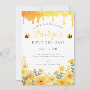 Invitación Primer cumpleaños Abejas amarillas Flores silvestr