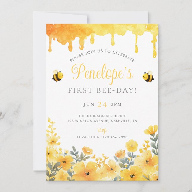 Invitación Primer cumpleaños Abejas amarillas Flores silvestr (Anverso)