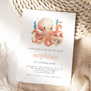 Invitación Primer Cumpleaños Adorable Pulpo Naranja Acuarela
