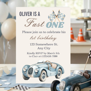Invitación Primer Cumpleaños Auto de Carreras Azul Niño Fast 