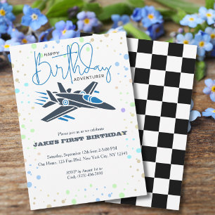 Invitación Primer Cumpleaños Avión Avión de Combate Niño Azul