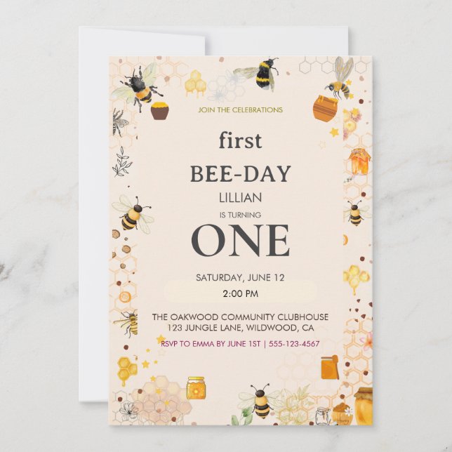 Invitación Primer cumpleaños Bee-Day (Anverso)