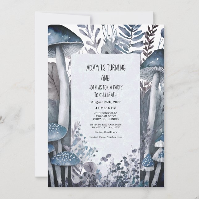 Invitación Primer cumpleaños Blue Mushrooms Boho Woodlands (Anverso)