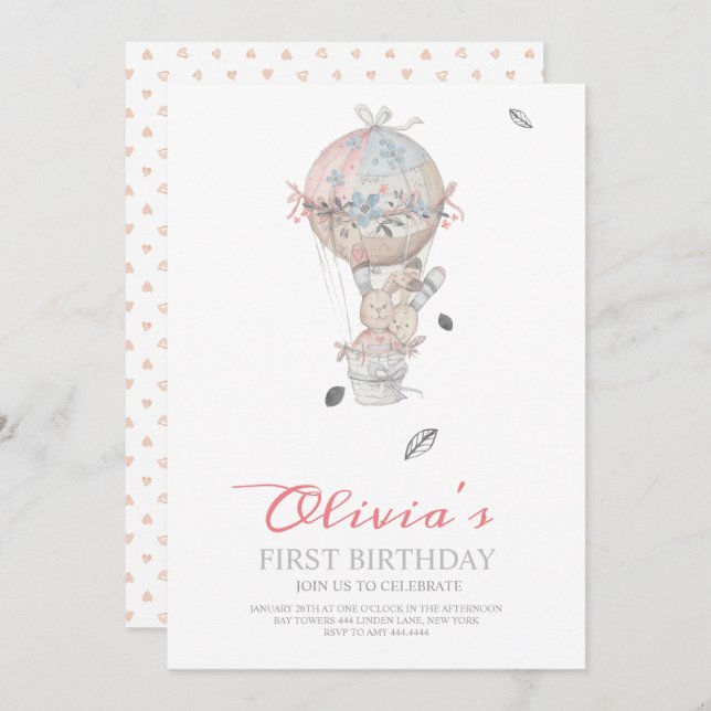 Invitación Primer cumpleaños Boho Balloon de aire caliente fi (Anverso / Reverso)