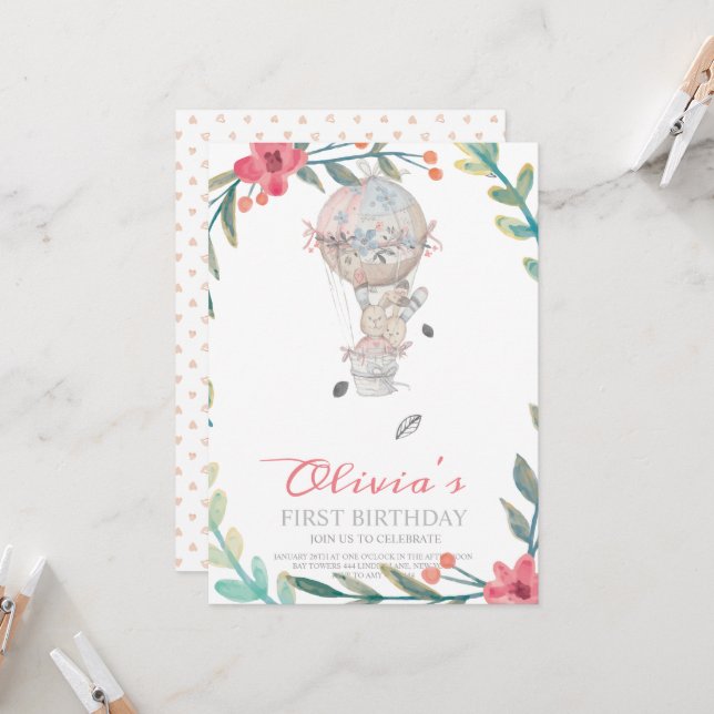 Invitación Primer cumpleaños Boho Boho Balón de aire caliente (Anverso/Reverso In Situ)