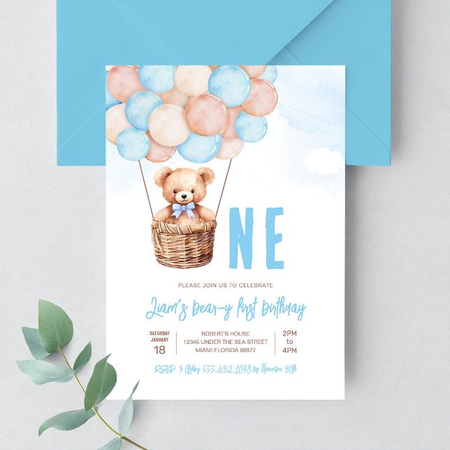 Invitación Primer cumpleaños boho de oso de peluche niño (Subido por el creador)