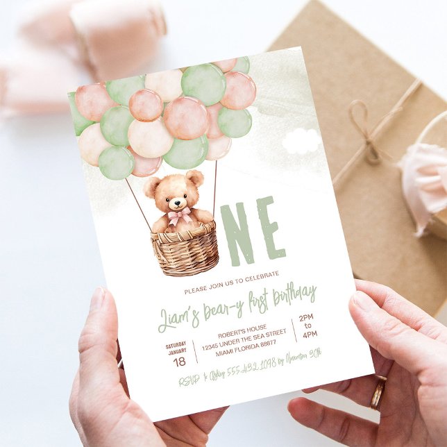 Invitación Primer cumpleaños boho de oso de peluche niño (Subido por el creador)