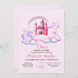 Invitación Primer cumpleaños Castillo Rosa Unicornios