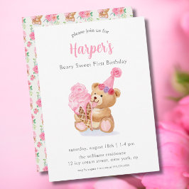 Invitación Primer cumpleaños Chicas Teddy Bear Ice Cream