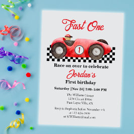 Invitación Primer Cumpleaños Coche de Carreras Rojo Rápido Un