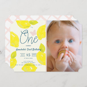 Invitación Primer cumpleaños con limón pintado a mano y chequ