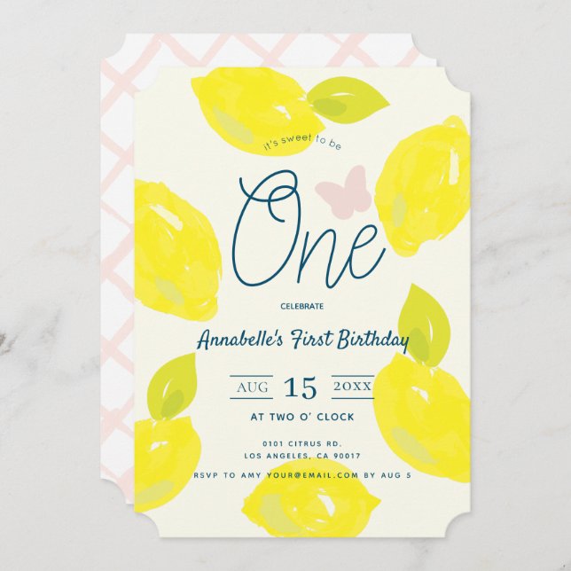 Invitación Primer cumpleaños con limón pintado a mano y chequ (Anverso / Reverso)