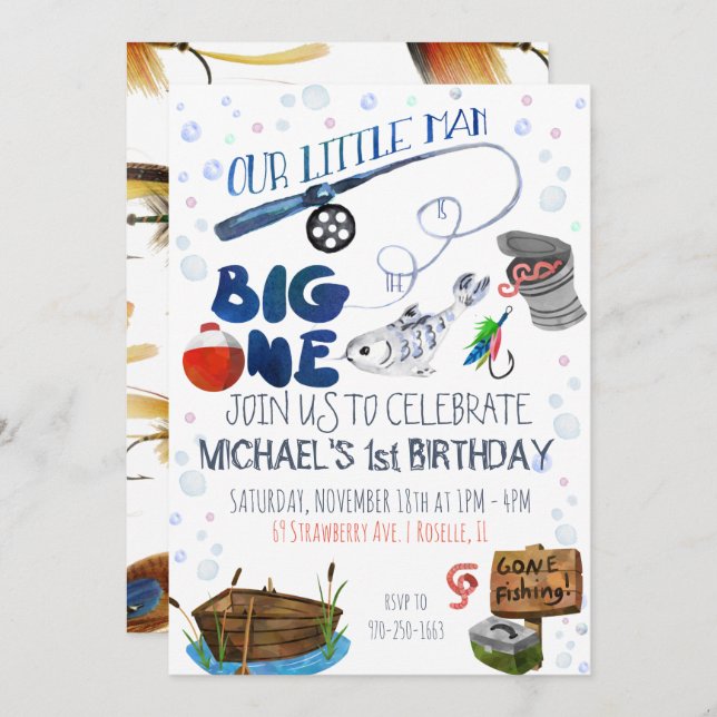 Invitación Primer cumpleaños con tema de pesca (Anverso / Reverso)