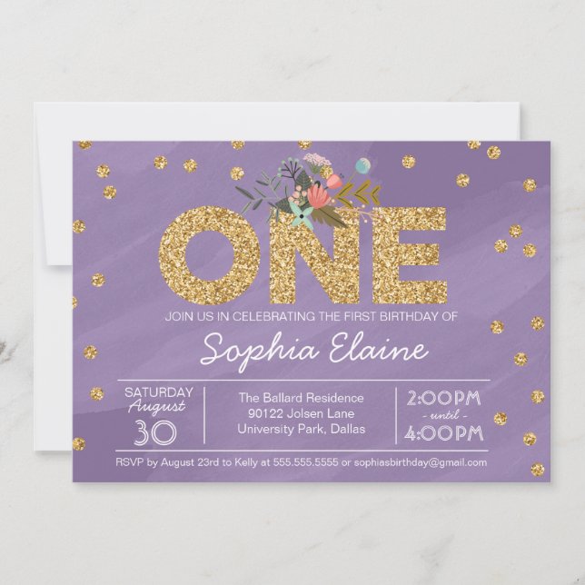 Invitación Primer cumpleaños, confeti del purpurina del oro y (Anverso)