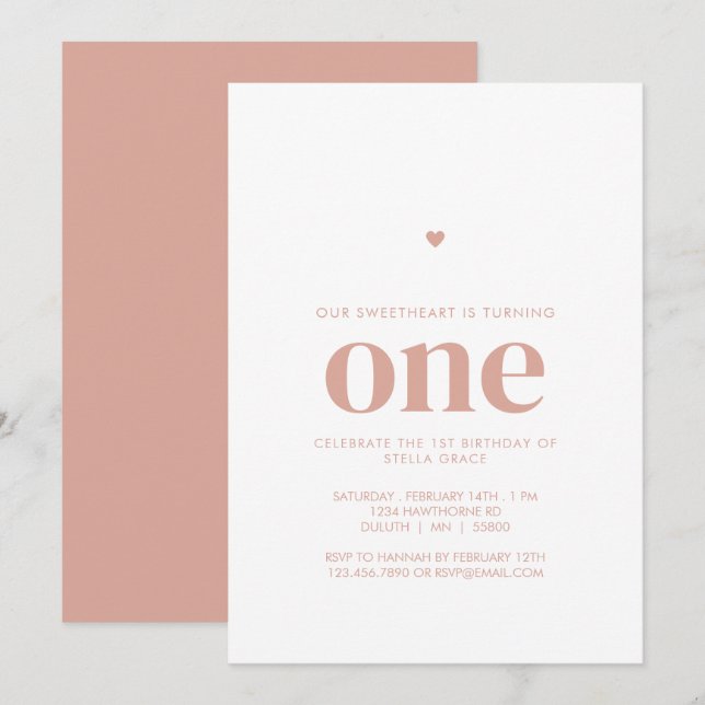 Invitación Primer Cumpleaños Corazón Dulce Rosa (Anverso / Reverso)