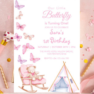Invitación Primer cumpleaños Cute Bear LItlle Mariposa