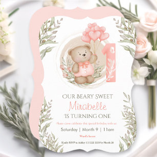 Invitación Primer cumpleaños Cute Teddy Bear Heart Balloons