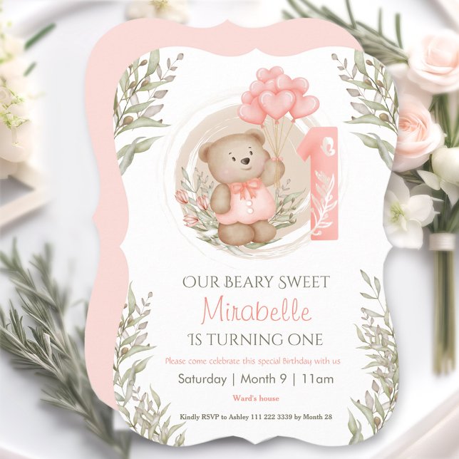 Invitación Primer cumpleaños Cute Teddy Bear Heart Balloons (First Birthday Cute Teddy Bear Heart Balloons Invitation)