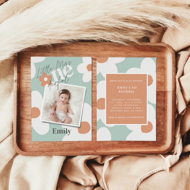 Invitación Primer cumpleaños daisy boho foto turquesa naranja (Subido por el creador)