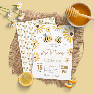 Invitación Primer cumpleaños de Abeja Amarilla Cuta y Girasol