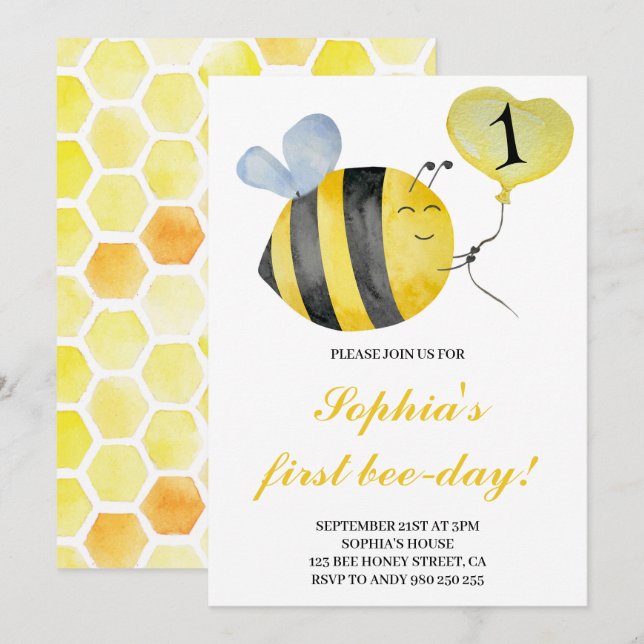 Invitación Primer cumpleaños de abeja miel abeja (Anverso / Reverso)