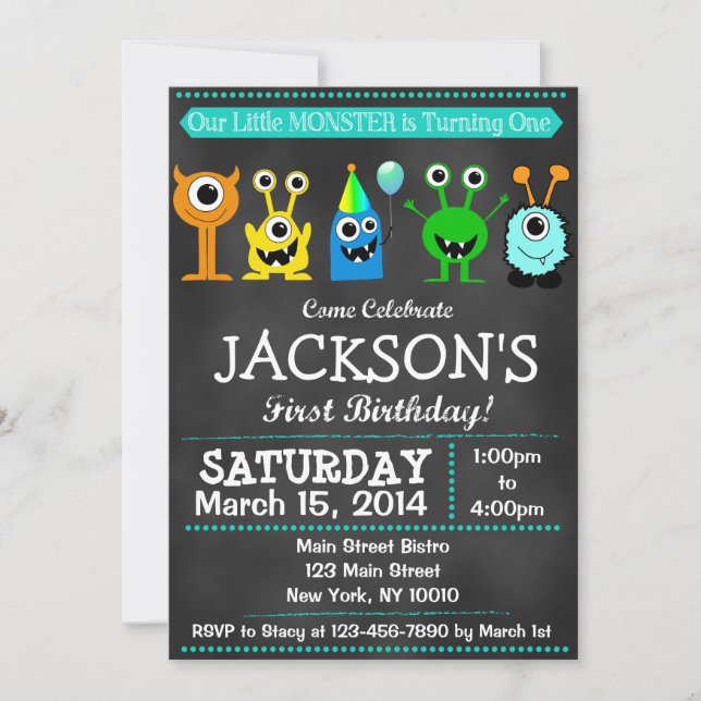 Invitación Primer cumpleaños de Adorable Chalkboard Bash (Anverso)