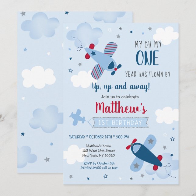 Invitación Primer cumpleaños de Airplane Stars Clouds Boy (Anverso / Reverso)