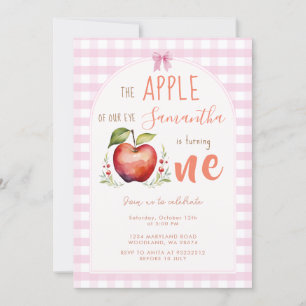 Invitación Primer cumpleaños de Apple Watercolor Rosa Gingham