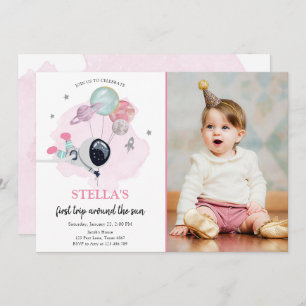 Invitación Primer cumpleaños de Astronauta Chica Rosa del Esp