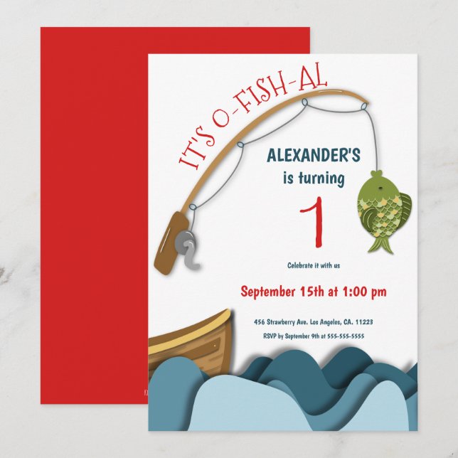 Invitación Primer cumpleaños de barca de pescado acuático (Anverso / Reverso)