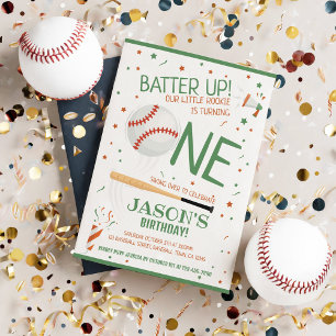 Invitación Primer cumpleaños de Batter Up Green Rookie Baseba