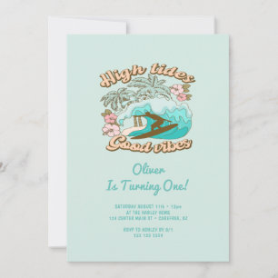Invitación Primer cumpleaños de Beach Surfboard Good Vibes Bo