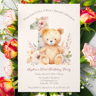 Invitación Primer cumpleaños de Bear-y Special Spring Floral