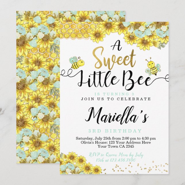 Invitación Primer cumpleaños de Bee (Anverso / Reverso)