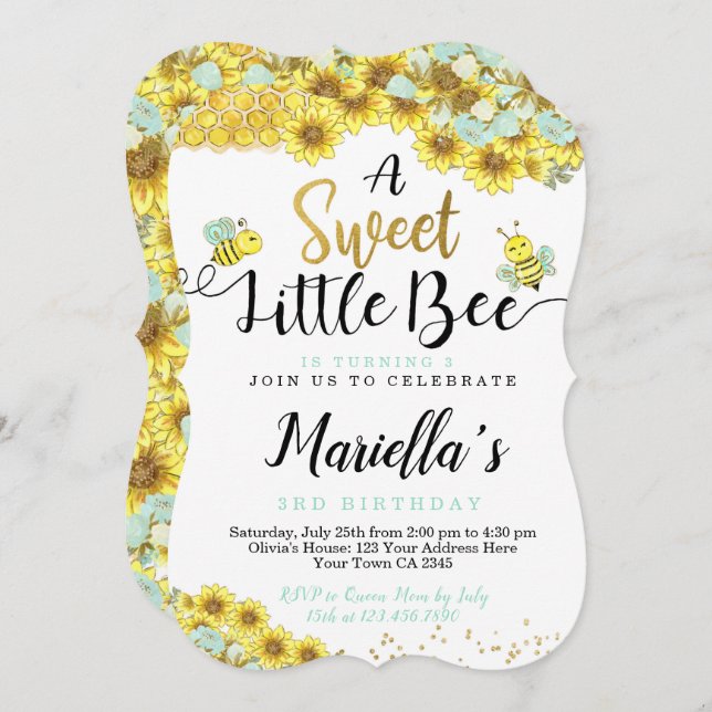 Invitación Primer cumpleaños de Bee (Anverso / Reverso)