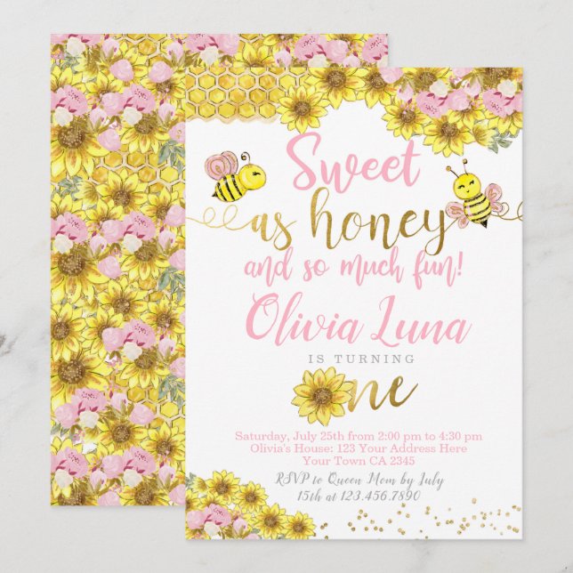 Invitación Primer cumpleaños de Bee (Anverso / Reverso)