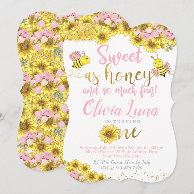 Invitación Primer cumpleaños de Bee (Anverso / Reverso)