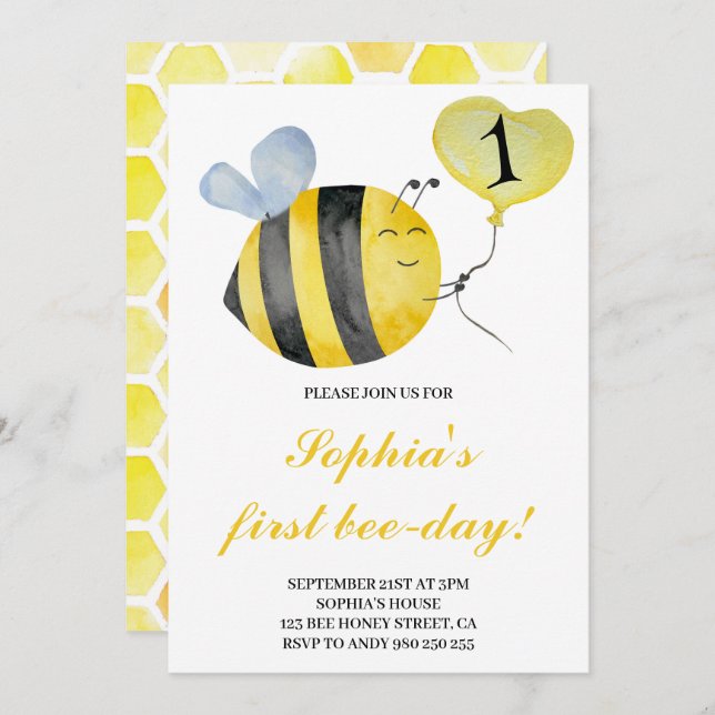Invitación Primer cumpleaños de Bee Day Bee Honey Bee (Anverso / Reverso)