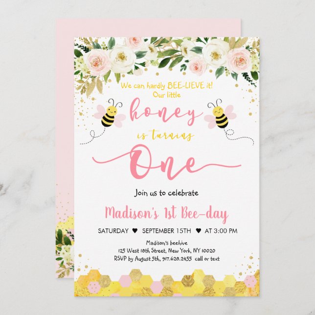 Invitación Primer cumpleaños de Bee Pink Gold Floral Chica (Anverso / Reverso)