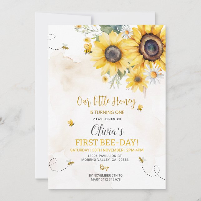 Invitación Primer cumpleaños de Bee Sunflower (Anverso)