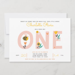 Invitación Primer cumpleaños de Bee Yellow & Pink Floral ONE 