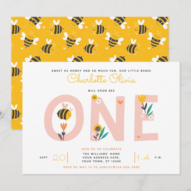 Invitación Primer cumpleaños de Bee Yellow & Pink Floral ONE  (Anverso / Reverso)
