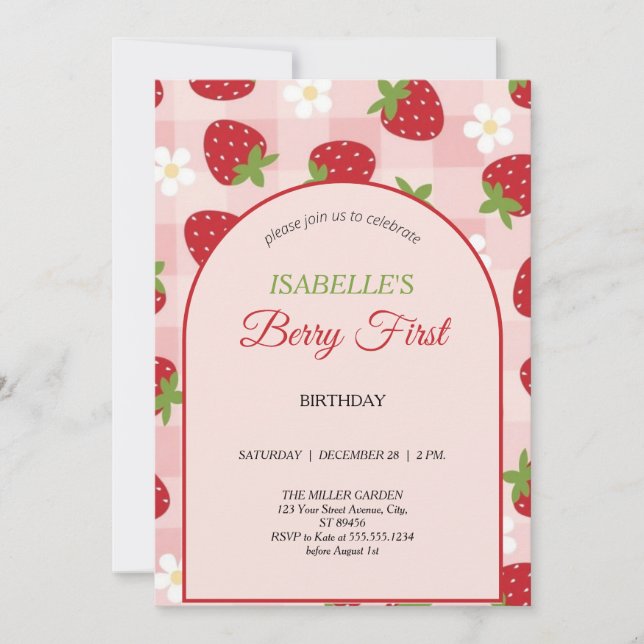 Invitación Primer Cumpleaños de Berry 1er Cumpleaños Fresa Fo (Anverso)