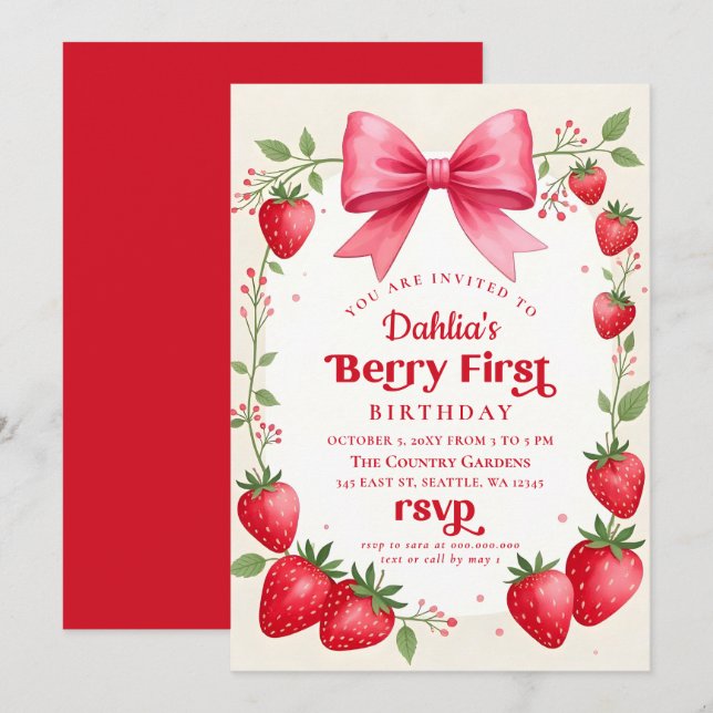 Invitación Primer cumpleaños de Berry Bow Pink Bow Strawberry (Anverso / Reverso)