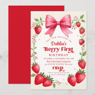 Invitación Primer cumpleaños de Berry Bow Pink Bow Strawberry