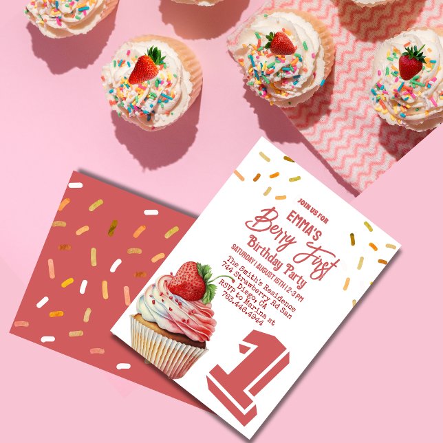 Invitación Primer cumpleaños de Berry, Chica de fresas rojas (Subido por el creador)