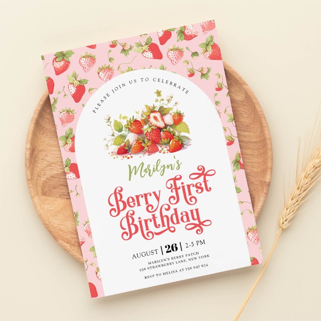 Invitación Primer cumpleaños de Berry, Chica rosa de fresa (Subido por el creador)
