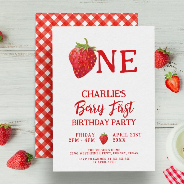 Invitación Primer cumpleaños de Berry de verano de fresas roj (Subido por el creador)